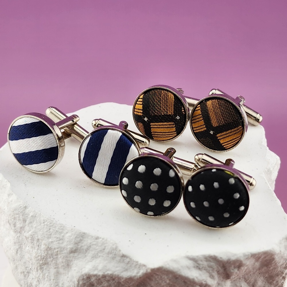3 Pairs Men's Round Fabric Cufflinks Striped Polka Dot Geometric Silver Tone